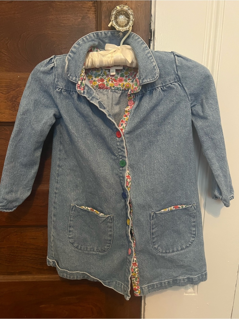 Children's Light Wash Denim shirtdress with Floral Trim